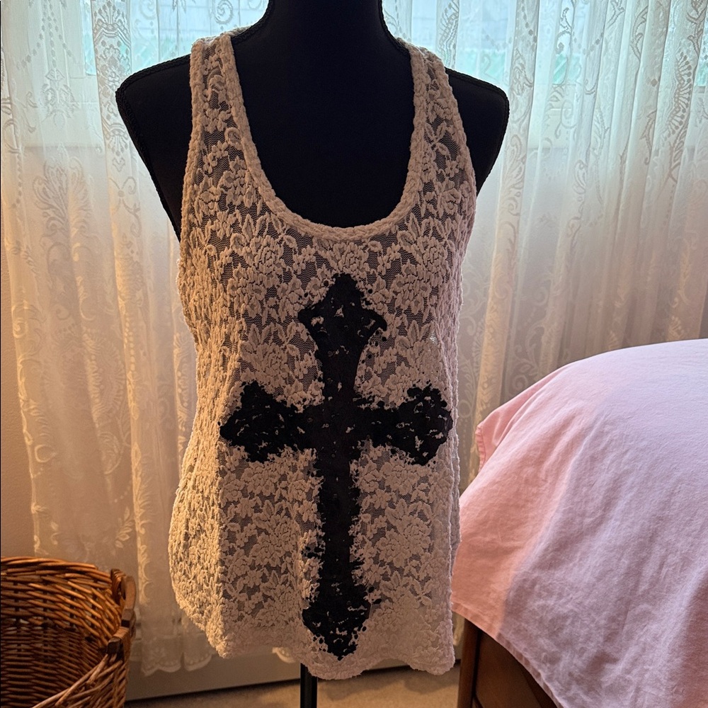 Maurices Cream Lace Tank Top with Black Cross